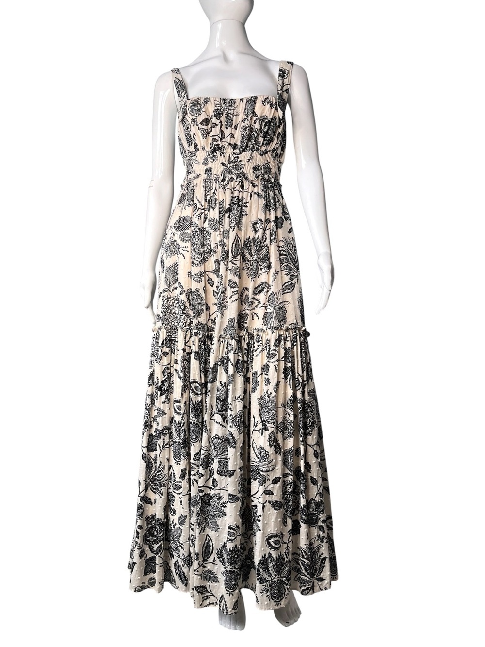 Taylor Cream Black Jacobean Floral Cotton Swiss Dot Smocked Waist Maxi Dress 6